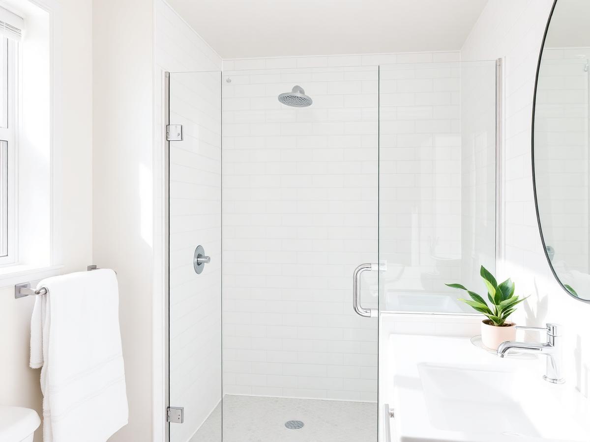 Spotless white tiled bathroom with streak-free glass shower
